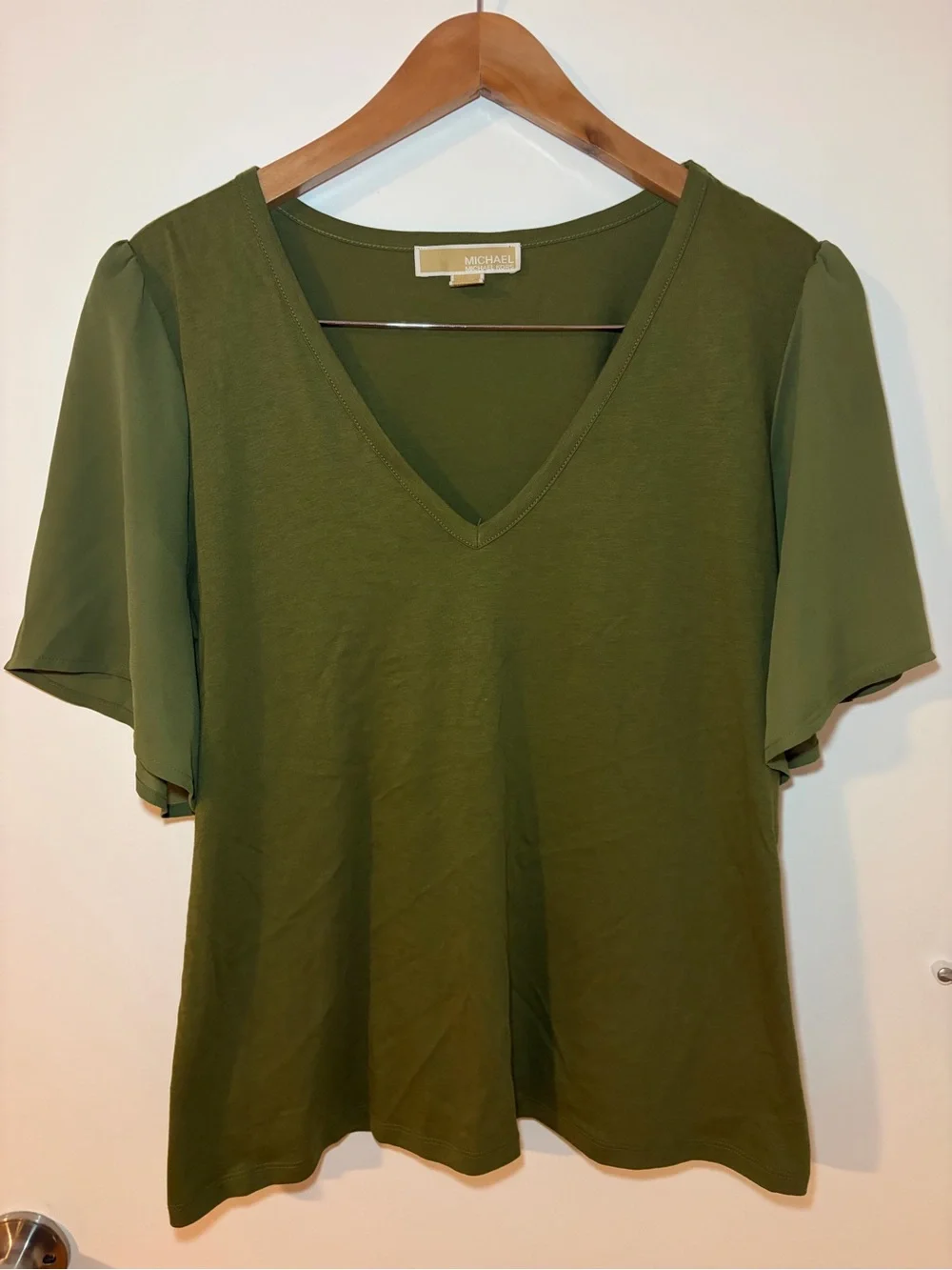 Michael Kors Olive Green V-Neck Flutter Sleeve Tee